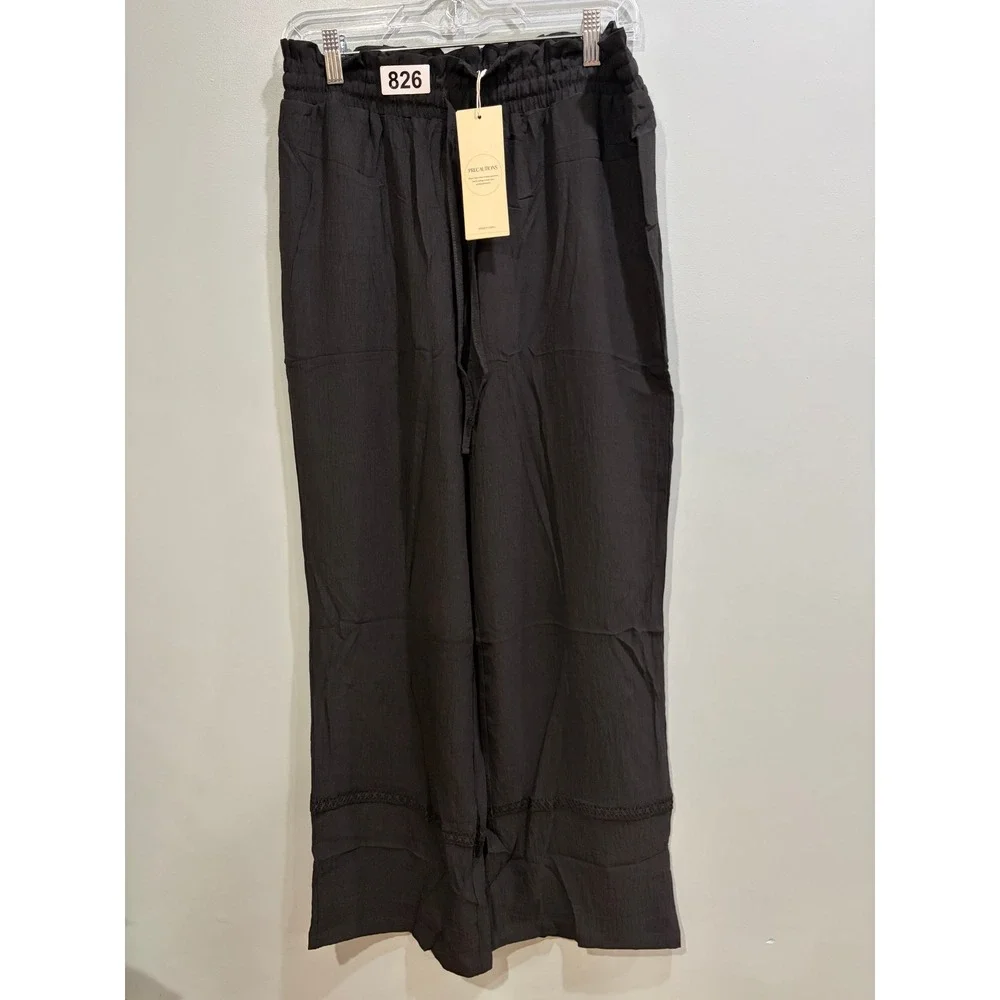 Precautions Black Wide Leg Paperbag Waist Pants Crochet Lace Detail NWT L